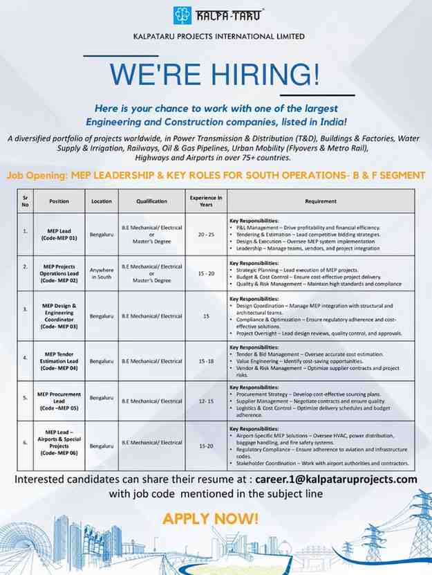 "Kalpataru BE Mechanical Engineering Jobs - MEP Lead working on Power Transmission project."