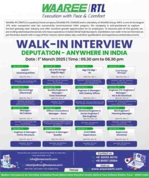 Walk-in Interview in Pune for Solar Jobs and Wind Jobs in Maharashtra – Renewable Energy Career Opportunities with WAAREE RTL
