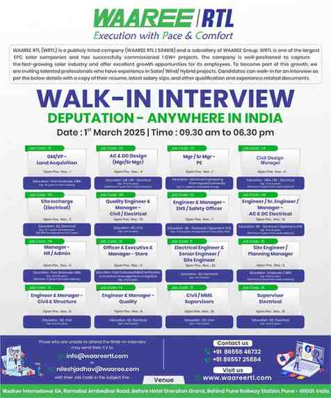 Walk-in Interview in Pune for Solar Jobs and Wind Jobs in Maharashtra – Renewable Energy Career Opportunities with WAAREE RTL
