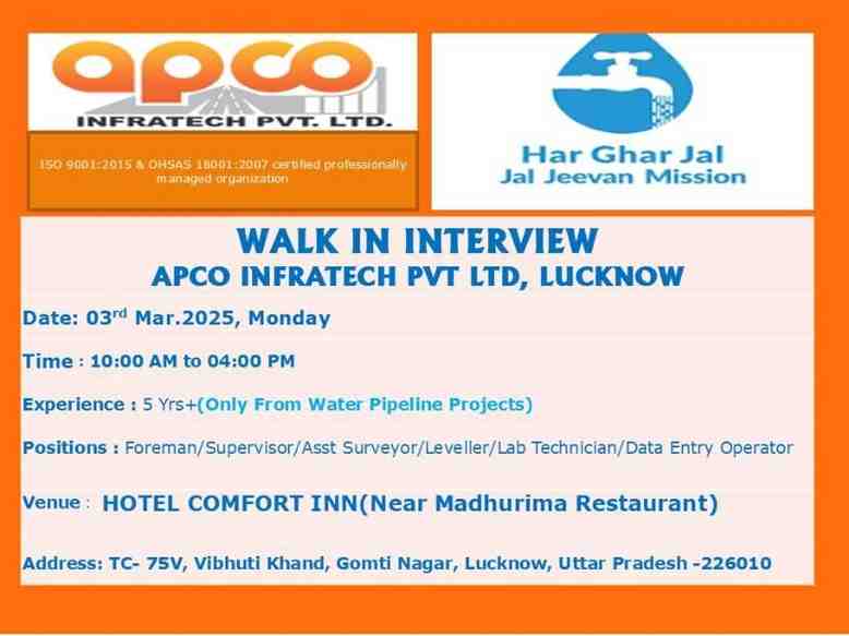 "APCO Infratech Pvt Ltd में Supervisor Jobs, Surveyor Jobs, Data Entry Operator Job, Lab Technician Jobs और Foreman Jobs के लिए भर्ती चल रही है। वॉटर पाइपलाइन और कंस्ट्रक्शन प्रोजेक्ट्स में करियर बनाने का शानदार मौका। आवेदन करें अभी!"
