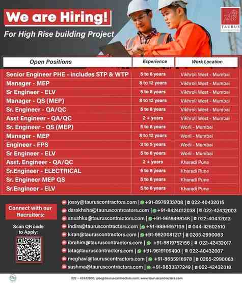 "Explore the latest Civil Engineering Jobs in Pune and Civil Engineering Jobs in Mumbai with Taurus Contractors Pvt Ltd. Find top opportunities in MEP Jobs in Pune and MEP Jobs in Mumbai for skilled professionals. Apply now and build your career with leading projects!"