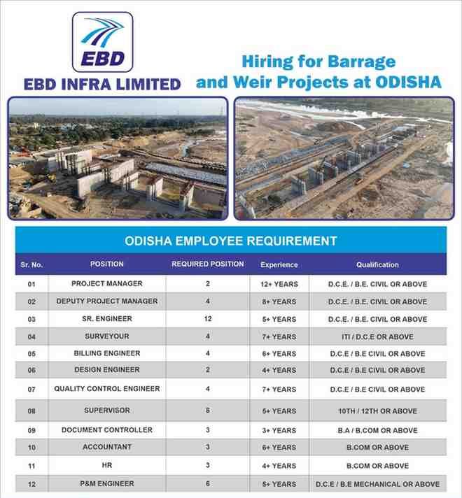 Civil Supervisor and Document Controller overseeing construction activities in civil engineering jobs in Odisha for EBD Infra Limited’s Barrage & Weir projects.