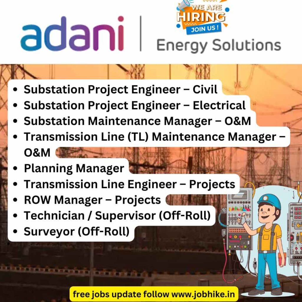 www.jobhike.in Adani energy jobs 1 Explore job opportunities at Adani Energy Solutions with exciting B.Tech jobs, O&M jobs, and technician jobs in power transmission across India
