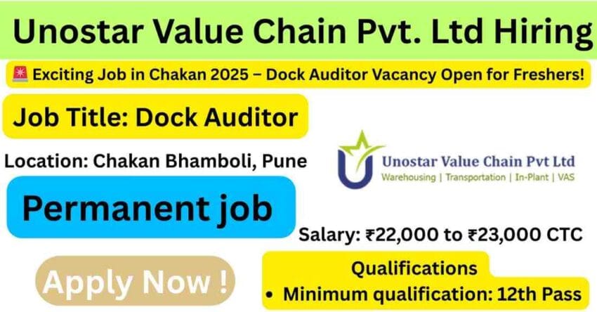 Dock Auditor Job Description – Exciting Job in Chakan 2025 for 12th Pass Freshers at Unostar Value Chain Pvt. Ltd. Apply Now for Job in Chakan with Full Dock Auditor Job Description and Salary Details.