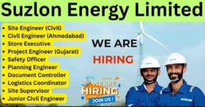 Suzlon India jobs hiring now! suzlon energy ltd walk in interview for store executive jobs, site engineer jobs in Gujarat & civil engineer jobs in Ahmedabad.