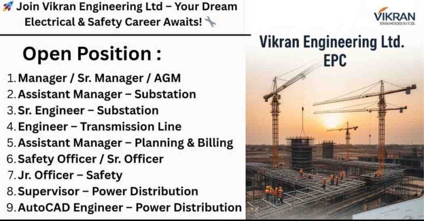 Diploma Electrical Engineering Jobs, Electrical Site Engineer Jobs, Fire and Safety Jobs & Fire and Safety Job Vacancy – Latest Openings at Vikran Engineering Ltd