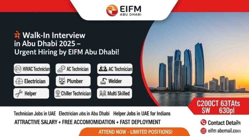 Attend EIFM Abu Dhabi's walk in interview in Abu Dhabi 2025 for top roles like HVAC technician jobs in UAE, AC technician job in Abu Dhabi, and electrician jobs in Abu Dhabi. Apply now for technician jobs in UAE, plumber jobs in Abu Dhabi, and helper jobs in UAE for Indians. Explore chiller technician job vacancy, multi skilled technician jobs in UAE, and welder jobs in Gulf countries.