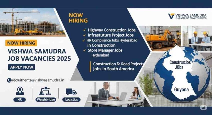 Vishwa Samudra Hiring 2025: Highway Construction Jobs, Infrastructure Project Jobs, Store Manager Jobs in Construction, HR Compliance Jobs in Hyderabad, Weighbridge Operator Jobs Abroad, Diploma Jobs in Road Projects & Construction Jobs in South America