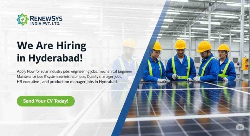 RenewSys Hiring: solar industry jobs in Hyderabad, engineering jobs in Hyderabad, quality manager jobs in Hyderabad, maintenance engineer jobs in Hyderabad, IT system administrator jobs in Hyderabad, production manager jobs in Hyderabad, HR executive jobs in Hyderabad, mechanical engineer jobs in Hyderabad