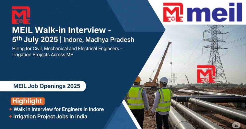 MEIL Walk-in Interview 2025: Civil Engineering Jobs in Madhya Pradesh, Mechanical Engineering Jobs in MP, Electrical Engineer Job Vacancy in Indore, Pipeline Project Engineer Jobs, QA QC Engineer Jobs Civil Mechanical, Irrigation Project Jobs in India, MEIL Job Openings 2025, Walk in Interview for Engineers in Indore