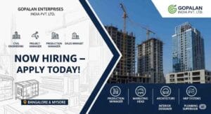 Gopalan Enterprises Job Vacancies – Project Manager Civil Engineering Jobs in Mysore, Mechanical Engineer Production Manager Jobs in Bangalore, Sales Manager Real Estate Jobs in Bangalore, Marketing Head Real Estate Jobs in Bangalore, Interior Designer Jobs in Bangalore, Plumbing Supervisor Jobs in Bangalore, Construction Company Job Openings in Bangalore