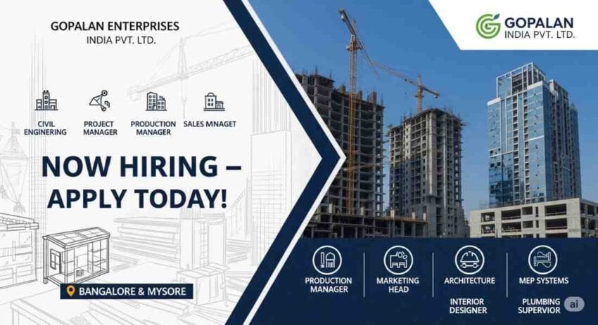 Gopalan Enterprises Job Vacancies – Project Manager Civil Engineering Jobs in Mysore, Mechanical Engineer Production Manager Jobs in Bangalore, Sales Manager Real Estate Jobs in Bangalore, Marketing Head Real Estate Jobs in Bangalore, Interior Designer Jobs in Bangalore, Plumbing Supervisor Jobs in Bangalore, Construction Company Job Openings in Bangalore
