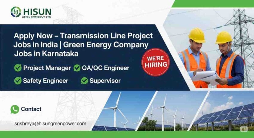 Hiring Now: Transmission Line Project Jobs in India | Green Energy Company Jobs in Karnataka | QA QC Engineer Jobs in Power Sector | Project Manager Transmission Line Jobs | Safety Engineer Jobs in Renewable Energy | Supervisor Jobs in Electrical Transmission Projects