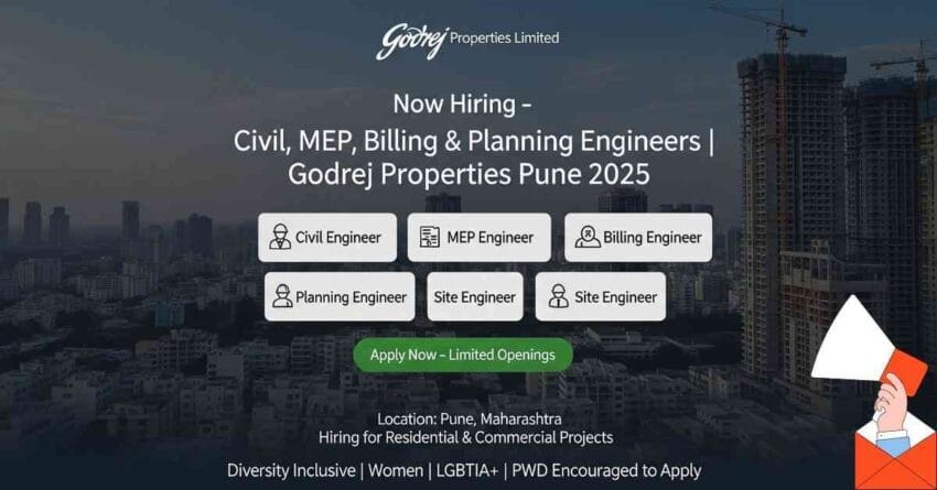 Explore 2025 job openings at Godrej Properties Pune! Apply now for civil engineering jobs in Pune, construction jobs in Pune, site engineer jobs in Pune, billing engineer jobs in Pune, MEP engineer jobs in Pune, and planning engineer jobs in Pune. Real estate jobs in Pune and Godrej Properties jobs are now hiring top talent!