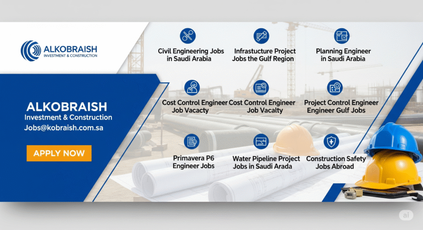 AlKobraish Hiring for Civil Engineering Jobs in Saudi Arabia | Infrastructure Project Jobs in Gulf | Planning Engineer Jobs in Saudi Arabia | Cost Control Engineer Job Vacancy | Project Control Engineer Gulf Jobs | Primavera P6 Engineer Jobs | Water Pipeline Project Jobs in Saudi Arabia | Construction Safety Engineer Jobs Abroad