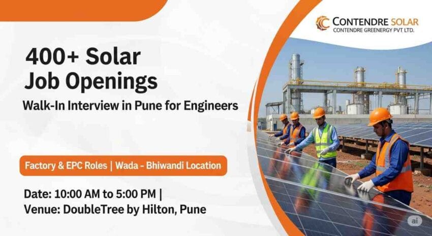 400+ Openings | solar jobs in Maharashtra | walk in interview in Pune for engineers | solar EPC company jobs in India | production manager jobs in solar industry | maintenance engineer jobs in solar plant | quality engineer job vacancy in solar sector | factory jobs in Bhiwandi for experienced professionals