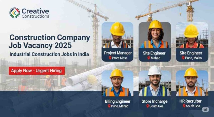 Creativve Constructiions Job Vacancy 2025 – Apply for Industrial Construction Jobs in India, Site Engineer Jobs in Pune, Project Manager Jobs in Goa, Billing Engineer Jobs in Construction, Store Incharge Jobs in Infrastructure Companies, HR Recruiter Jobs in Construction Company, Construction Company Job Vacancy 2025