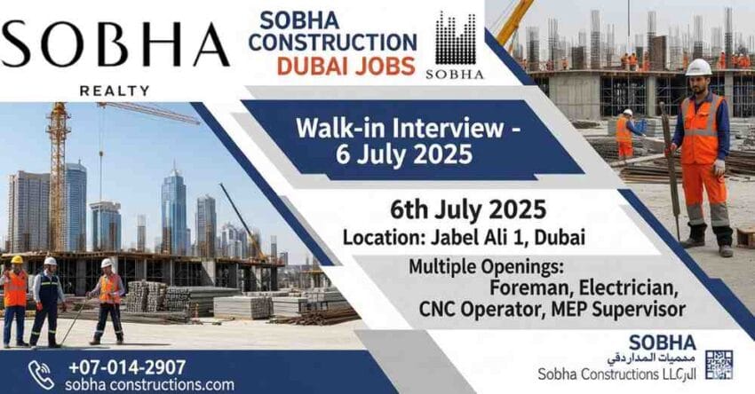 Sobha construction Dubai jobs | Sobha construction job vacancy | Foreman jobs in Dubai | MEP supervisor jobs in Dubai | electrician jobs in Dubai | CNC operator jobs in Gulf | Gulf walk-in interview 2025