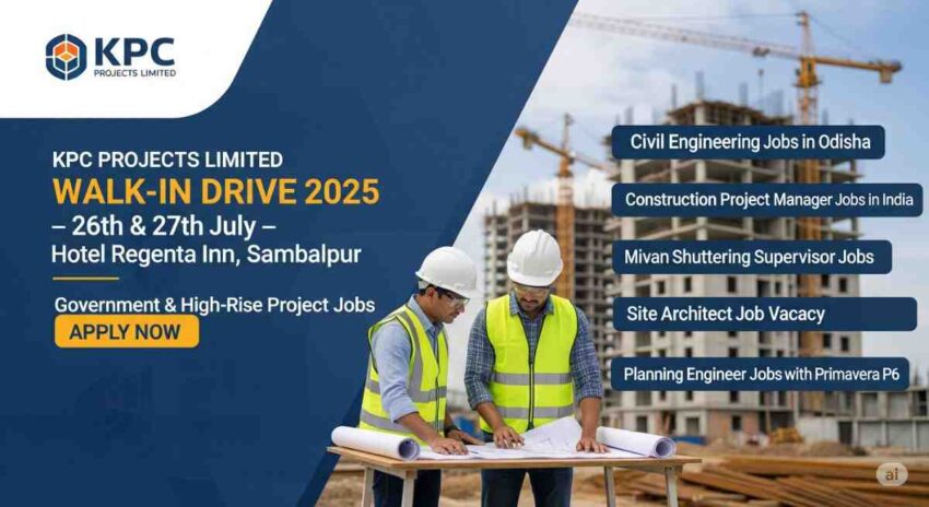 KPC Projects Limited Walk-In Drive 2025 | civil engineering jobs in Odisha, walk-in interview for engineers 2025, construction project manager jobs in India, government building project jobs, Mivan shuttering supervisor jobs, high-rise building project jobs in India, site architect job vacancy, planning engineer jobs with Primavera P6
