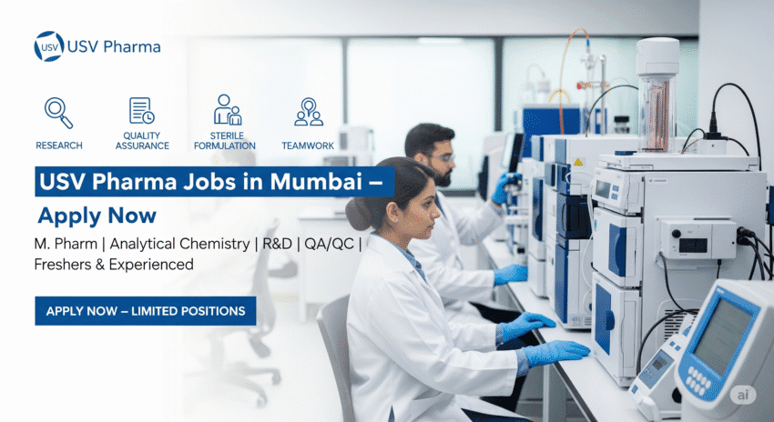 USV Pharma Jobs in Mumbai | M. Pharm Jobs in Mumbai | Research and Development Jobs in Pharmaceutical Industry | Analytical Chemistry Jobs in India