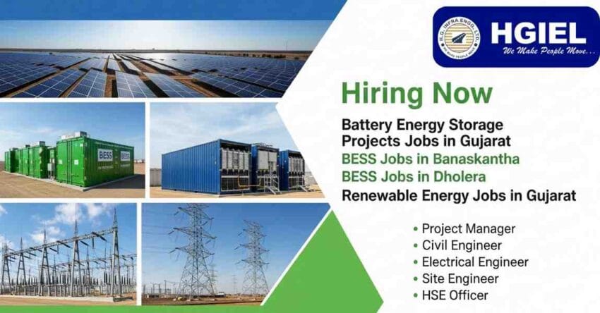 Battery Energy Storage Projects Jobs in Gujarat | BESS Jobs in Banaskantha | BESS Jobs in Dholera | Renewable Energy Jobs in Gujarat | Solar and BESS Projects Careers | HG Infra Energy Ltd Jobs | Civil and Electrical Engineer Jobs in Gujarat | Project Manager BESS Jobs