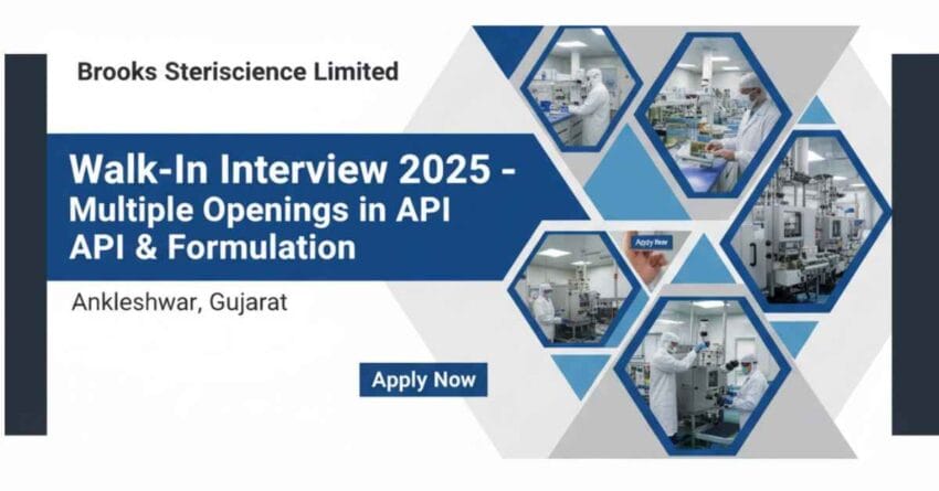 Brooks Steriscience Limited Walk-In Interview 2025 – Walk in Interview for Pharma Jobs in Gujarat 2025, API and Formulation Jobs in Gujarat, Pharmaceutical Manufacturing Jobs in Vadodara, Quality Assurance Jobs in Pharma Companies, QC Officer Jobs in Pharmaceutical Industry, Pharma Jobs for B.Pharm and M.Pharm Freshers, Warehouse Head Jobs in Pharmaceutical Companies, Sterile Manufacturing Officer Jobs in Gujarat, Pharma Jobs in Ankleshwar and Vadodara, Latest Walk in Interview for Pharma Jobs in India