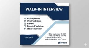 Walk-In Interview for MEP Supervisor, Civil Multi Technician, MEP Technicians, Electrical Technician, Chiller Technician, A/C HVAC Chiller Technicians, Electromechanical Technician, Plumber - Facilities Management Jobs in Dubai (Sept 17, 2025)