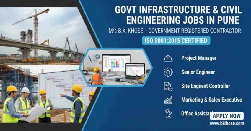 Govt Infrastructure Jobs Pune | Civil Engineering Jobs Pune | Project Manager Govt Projects Pune | Senior Engineer Jobs Infrastructure Pune | Govt Contractor Jobs Pune | Site Engineer Jobs Pune 2025 | Marketing & Sales Executive Real Estate Pune | Document Controller Govt Infra Projects Pune | Office Assistant Jobs Pune Infrastructure