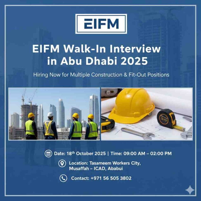 EIFM Jobs Abu Dhabi, Walk-In Interview UAE, Gypsum Carpenter Jobs, Plumber Jobs Abu Dhabi, Duct Man Jobs UAE, MEP Helper Vacancy, Civil Work Helper Jobs, Shuttering Carpenter Hiring, Steel Fixer Walk-In Interview, EIFM Recruitment 2025, Fit-Out Jobs Abu Dhabi, Construction Jobs UAE