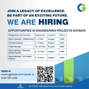 Engineering Jobs in Gurgaon | CG Power Careers | Electrical Design Engineer Jobs India, Civil Design Engineer Vacancies, Project Manager Jobs in Engineering, Purchase Engineer Job Openings, Top Engineering Companies Hiring in India, BD/Marketing Executive Jobs in Gurgaon