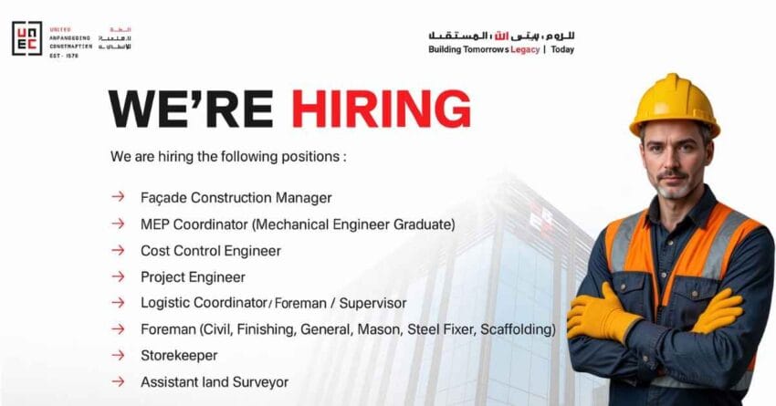 UNEC Hiring 2025: Construction Engineering Jobs in UAE for Experienced Professionals, Mechanical Engineer Graduate Jobs in Dubai and Abu Dhabi, Civil Engineering Foreman Vacancies in UAE, Project Engineer Job Openings in Top Construction Companies, MEP Coordinator Jobs for Fresh Mechanical Engineers, Structural Engineer Jobs with Leading Construction Firms, Cost Control Engineer Vacancies in the Middle East, Land Surveyor and Assistant Surveyor Jobs in GCC, Logistics Coordinator and Site Supervisor