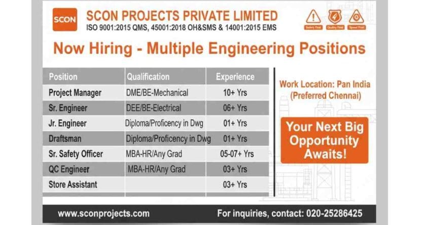SCON Projects Private Limited Jobs 2025 – Mechanical Engineer Jobs, Electrical Engineer Jobs, HVAC Jobs, PHE Engineer Jobs, Safety Officer Jobs, QC Engineer Jobs, Draftsman Jobs Design Engineer Jobs, Store Assistant Jobs, HR Officer Jobs – Top EPC Company Jobs in India for Industrial Construction Jobs & Engineering Jobs in Chennai SCON Projects Career Opportunities