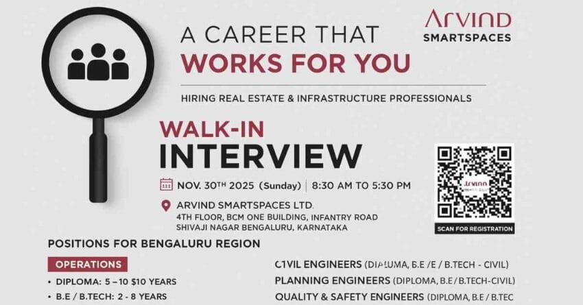 Arvind SmartSpaces walk-in interview | real estate jobs in Bengaluru | civil engineer jobs in Bangalore | MEP engineer jobs | planning engineer vacancy | QS engineer jobs | construction jobs in Karnataka | infrastructure jobs in Bangalore | quality engineer jobs | site engineer walk-in interview