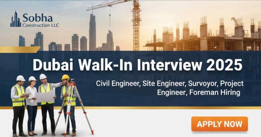 Walk-In Interview Dubai 2025 – Civil Engineer Jobs in Dubai, Site Engineer Jobs in UAE, Land Surveyor Jobs in Dubai, Construction Manager Jobs, Project Engineer Jobs, Document Controller Jobs, Planning Engineer Jobs, HSSE Inspector Jobs, Foreman Jobs in Dubai – Downtown Umm Al Quwain & Sobha Hartland Hiring