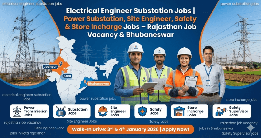 electrical engineer substation jobs, power substation jobs, Site Engineer Jobs, Safety Jobs, store incharge jobs, rajasthan job vacancy, jobs in kota rajasthan, jobs in Bhubaneswar, Safety Supervisor jobs
