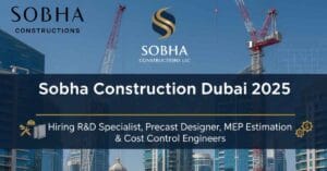 Sobha Construction Dubai Jobs 2025 – R&D Specialist Jobs in Dubai, Industrial Engineering Jobs in UAE, Precast Structural Designer Jobs in Dubai, MEP Design and Estimation Jobs in Dubai, Cost Control Engineer Jobs in UAE, Concrete Technology Jobs in Dubai, Modular Building Jobs in UAE, Precast Engineer Jobs in Dubai, Construction Engineering Jobs in Dubai, GCC Construction Jobs for Experienced Engineers