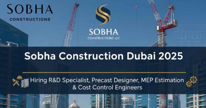 Sobha Construction Dubai Jobs 2025 – R&D Specialist Jobs in Dubai, Industrial Engineering Jobs in UAE, Precast Structural Designer Jobs in Dubai, MEP Design and Estimation Jobs in Dubai, Cost Control Engineer Jobs in UAE, Concrete Technology Jobs in Dubai, Modular Building Jobs in UAE, Precast Engineer Jobs in Dubai, Construction Engineering Jobs in Dubai, GCC Construction Jobs for Experienced Engineers