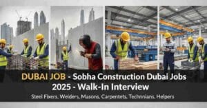 Sobha Construction Dubai Jobs 2025 hiring for Precast Steel Fixer jobs in Dubai, Welder MIG and ARC jobs in Dubai, Finishing Mason jobs in Dubai, Mould Carpenter jobs in Dubai, Mould Fabricator jobs in Dubai, Hollowcore Mechanic jobs in Dubai, Steel Mould Fitter jobs in Dubai and Helper jobs in Dubai. Walk-in interview Dubai construction jobs open at Dubai Industrial City jobs location