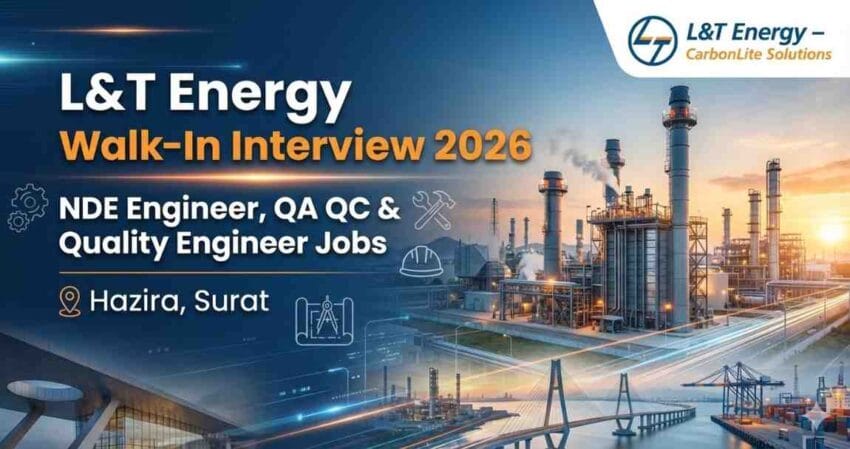 L&T Energy Walk-In Interview 2026 in Surat | NDE Engineer jobs in Hazira, NDE Supervisor jobs in Surat, Quality Engineer jobs in Hazira, QA QC Engineer jobs in Surat, Shop QC Supervisor jobs in Hazira, QC Engineer jobs in Surat, QA QC Manager jobs in India, Power Plant QA QC jobs, Engineering jobs in Gujarat