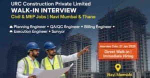 URC Construction Private Limited walk-in interview banner for Civil and MEP jobs in Navi Mumbai and Thane, featuring engineers at a high-rise data center construction site with interview date 31 Jan 2026.