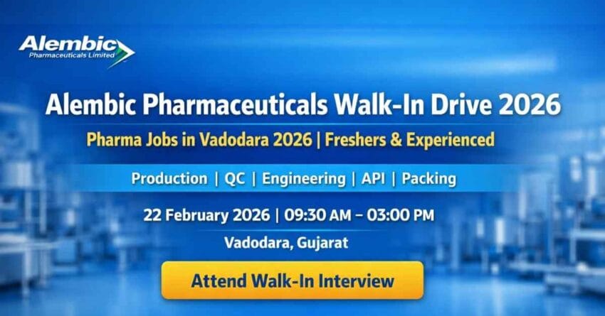 Apply for Pharma Jobs in Vadodara 2026 at Alembic Pharmaceuticals Walk-In Drive. Hiring for Production, QC & Engineering roles in Gujarat.