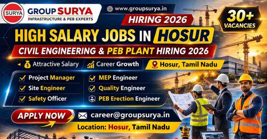 Group Surya Jobs in Hosur 2026 30+ High Salary Civil Engineering & PEB Plant Openings