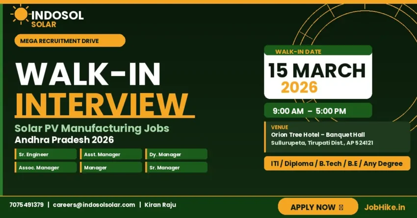 Indosol Solar walk-in drive Tirupati 2026 manufacturing jobs