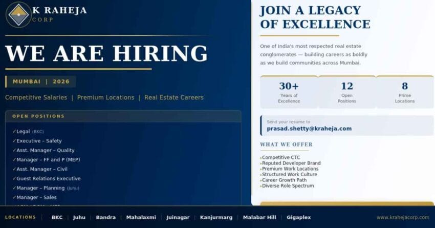 K Raheja Corp Jobs 2026 12 Real Estate Openings Across Mumbai – Apply Now