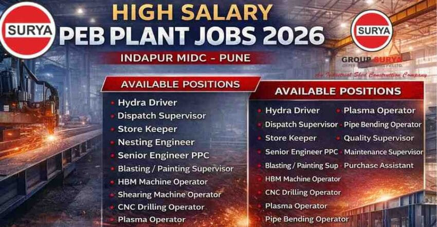 PEB Jobs in India 2026 Group Surya PEB Plant Hiring Pune for Hydra Driver, Store Keeper & Engineer