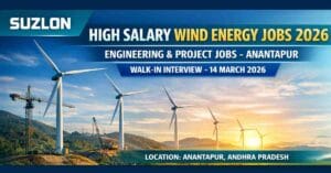Suzlon Walk-in Drive 2026 in Anantapur for civil, mechanical and electrical engineers. Apply for wind energy and renewable project engineering jobs in Anantapur.