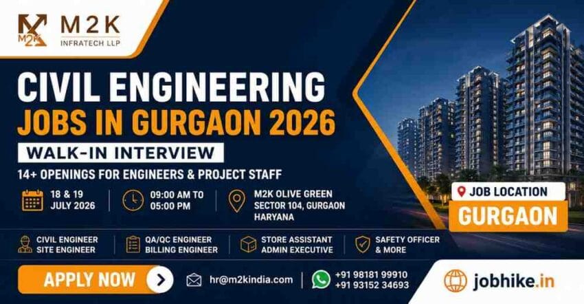 Civil Engineering Jobs in Gurgaon 2026 M2K Infratech LLP Walk-in Interview – Civil Engineers, Store Assistant, QAQC & Safety Officer Jobs